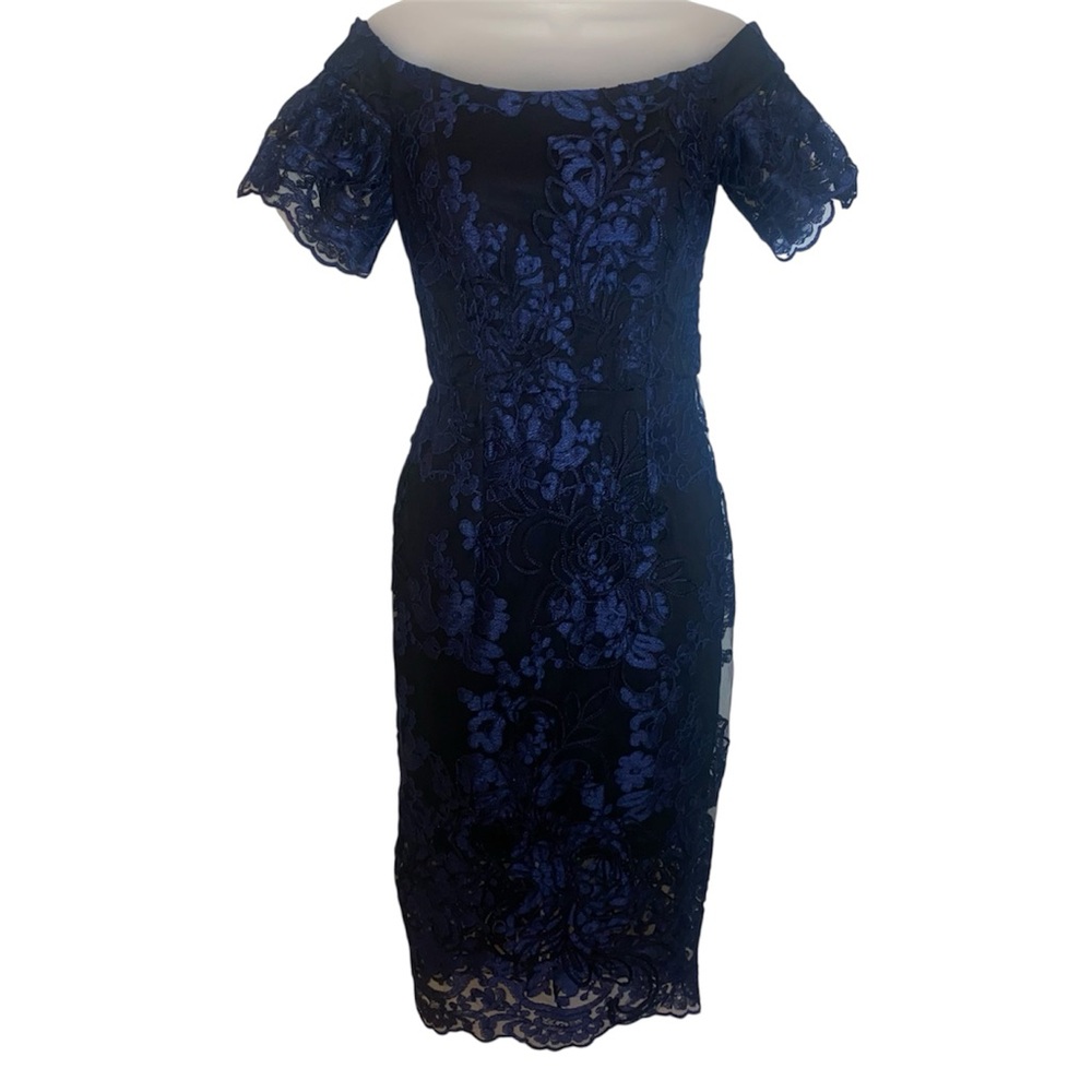 Xscape Blue Off-Shoulder Flutter Sleeve Sheath Dress